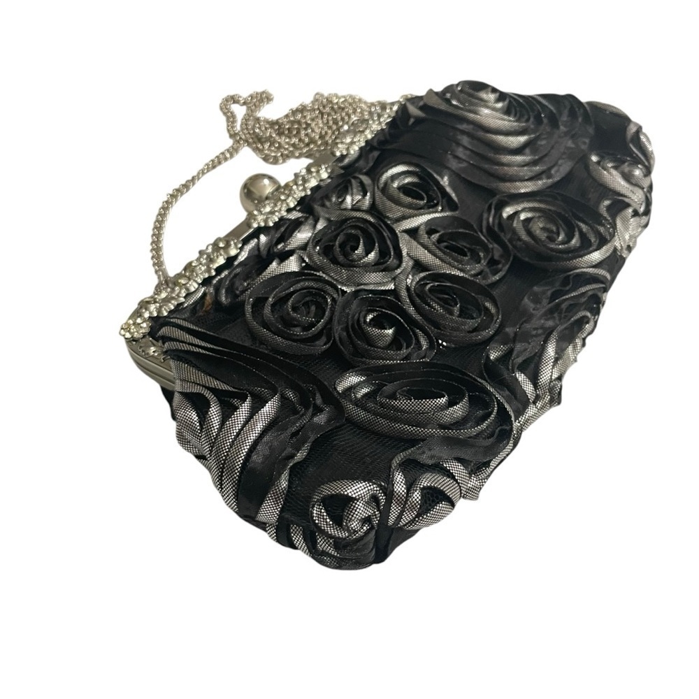 ICING Black Rose Floral Evening Bag Silver chain, Rhinestone Purse Clutch - Picture 3 of 12